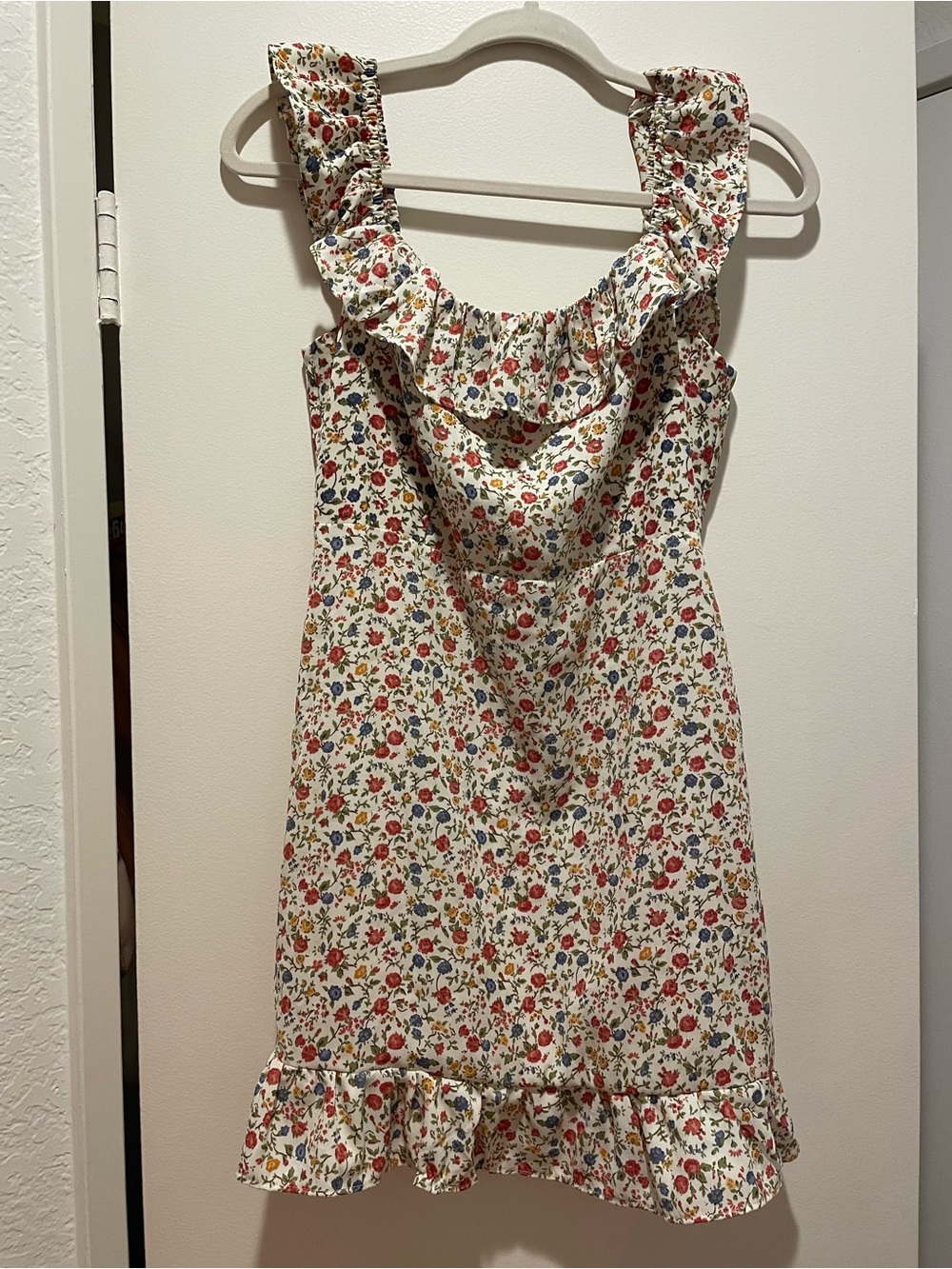 Avantlook Cream Floral Mini Dress with Red & Blue Accents
